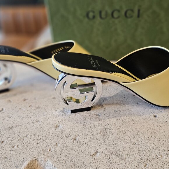 Gucci Interlocking G Heel Sandal 772569 C9D00 - 7412 Light Yellow Size 36+ - Picture 3 of 13